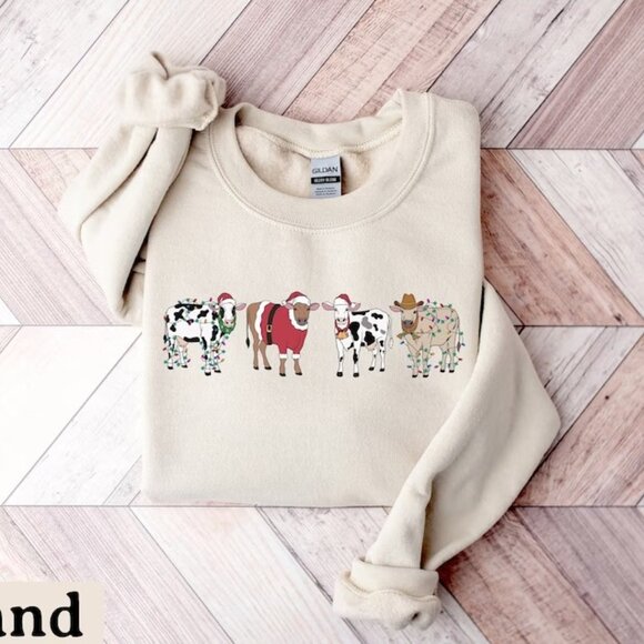 Christmas Cow Sweatshirt Cow Lover Gift Funny Christmas Sweatshirt 90 - Picture 1 of 5